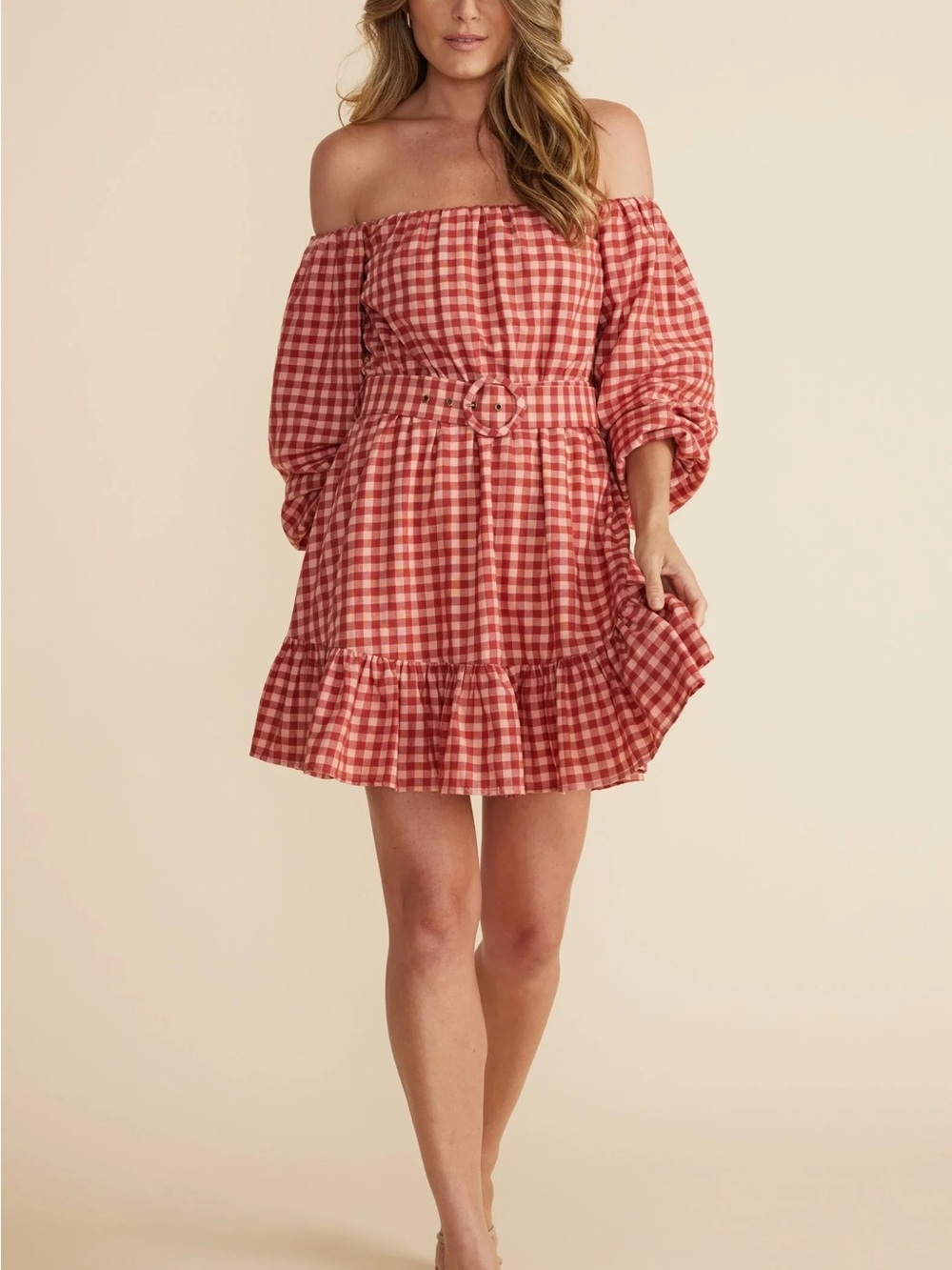 MINKPINK  Gingham Off-Shoulder Belted Cora Mini Dress small